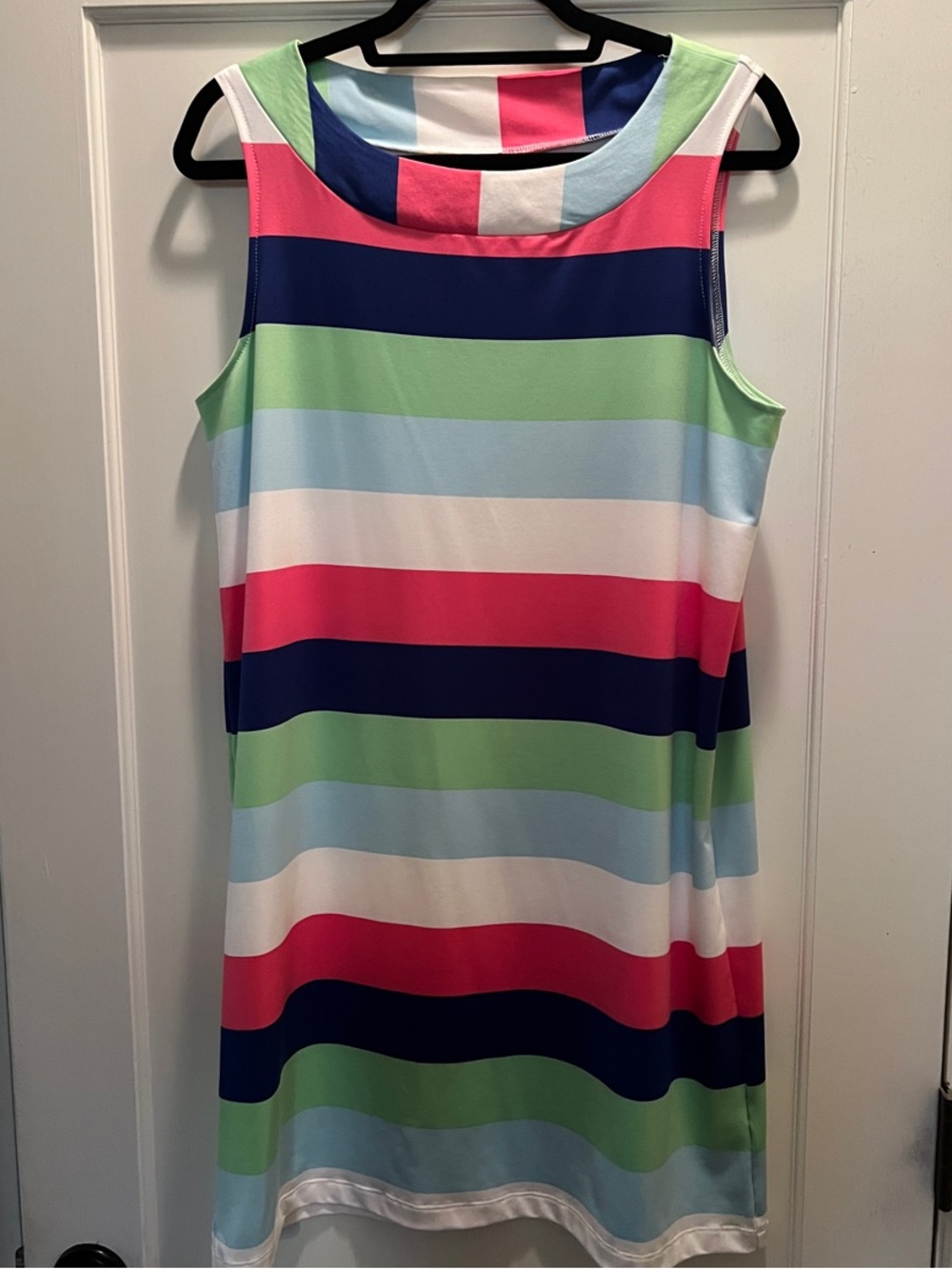 Sleeveless Striped Mini Dress in Navy, Pink, Green, Light Blue and White